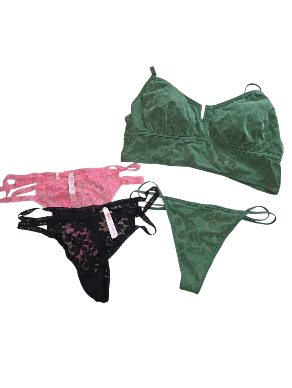Victorias Secret NWT! PINK! Green Flocked Set And 3 Panties